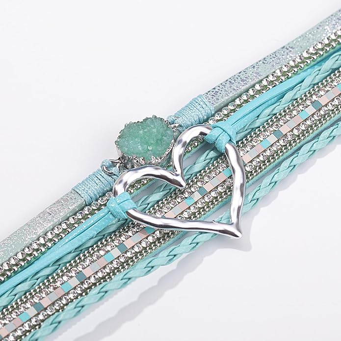FANCY SHINY Heart Leather Wrap Bracelets Stackable Boho Cuff Bangles Trendy Resin Stone Rhinestone Bracelets with Magnetic Clasp for Women