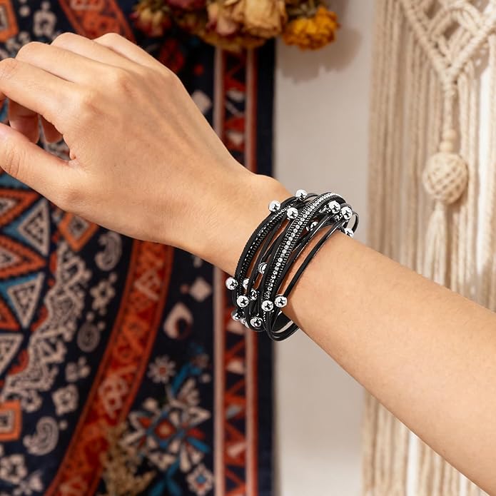 ENGCKSHI Wrapped Bracelets for Women,Leather Bracelet,Boho Bracelets for Women,Multi-Layer Pearl Crystal Bracelet Bangle Jewelry