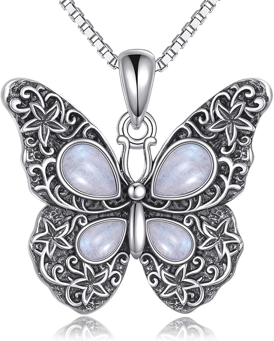 Butterfly Moonstone Necklace, 925 Sterling Silver Vintage Pendant with Natural Gemstone, Boho Hypoallergenic Jewelry Gift for Her