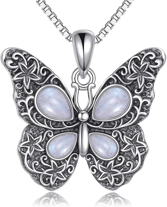 Butterfly Moonstone Necklace, 925 Sterling Silver Vintage Pendant with Natural Gemstone, Boho Hypoallergenic Jewelry Gift for Her