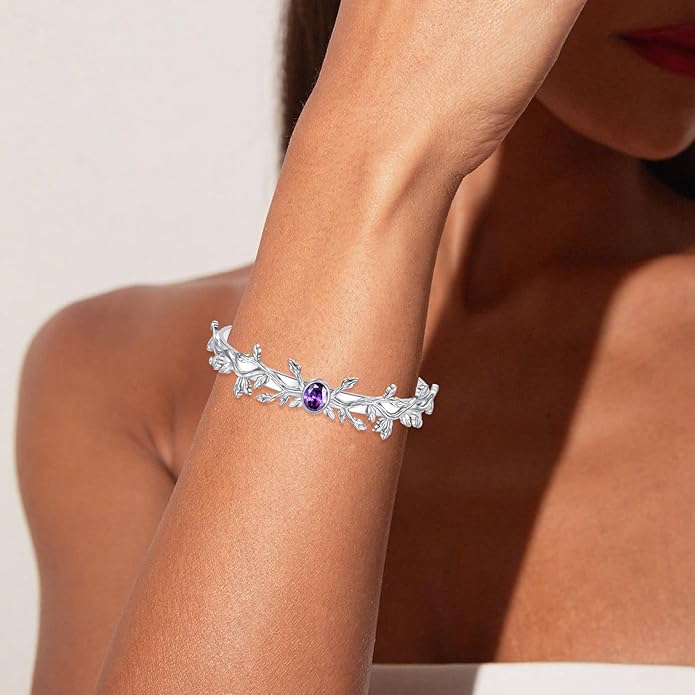 Amethyst Wild Vine Cuff Bracelet for Women, Sterling Silver Adjustable Bohemian Bangle, February Birthstone Gift for Her Purple Crystal Healing Jewelry