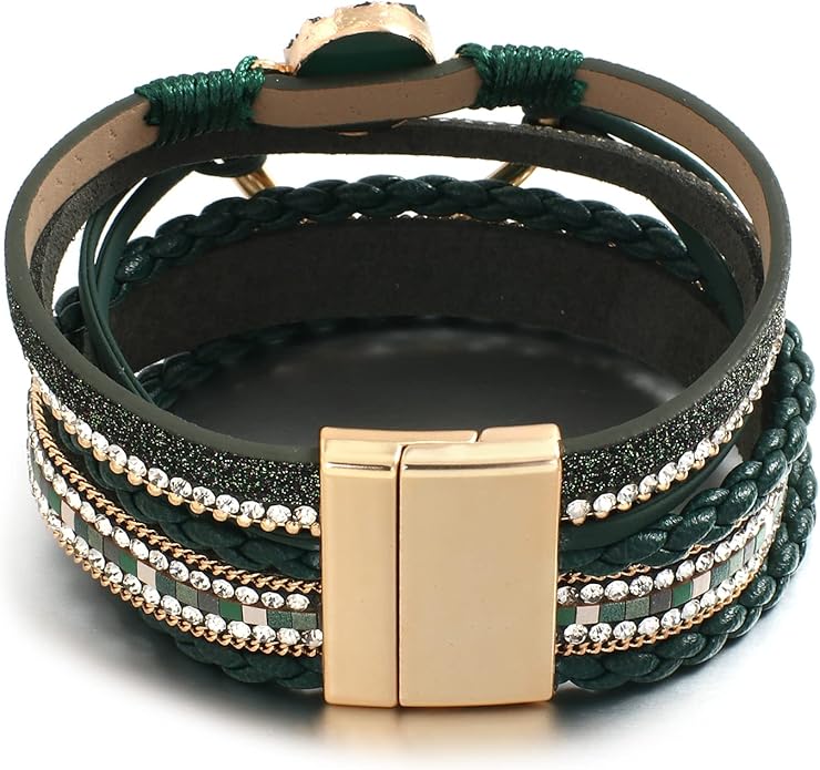 Leather Wrap Bracelet for Women Beaded Cuff Bracelet with Heart-shape Decor Bohemian Crystal Bracelet Jewelry with Clasp Bangle Bracelet for Women Girls Birthday Holiday Gift