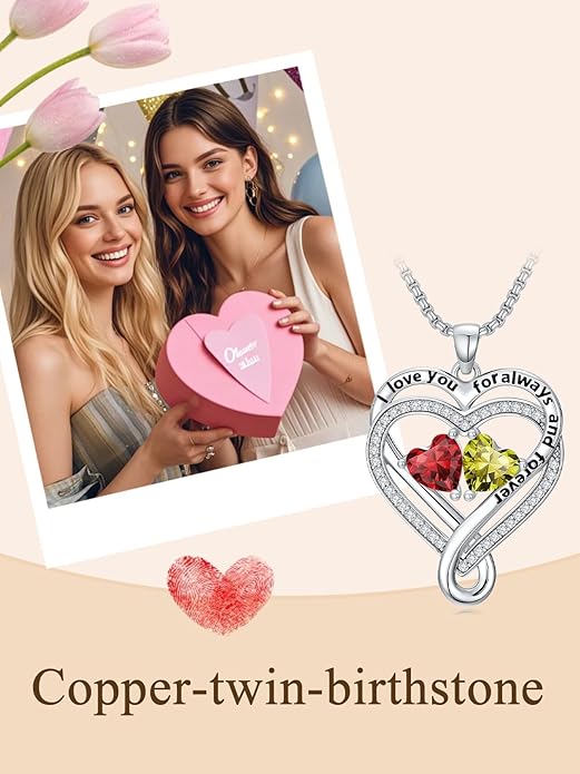 I Love You for Awlays and Forever Double Heart Necklace with Birthstone, 2 Birth Stone Jewelry Anniversary Valentines Mothers Day Christmas Birthday Gifts for Women Her Wife Girlfriend Mom Mother