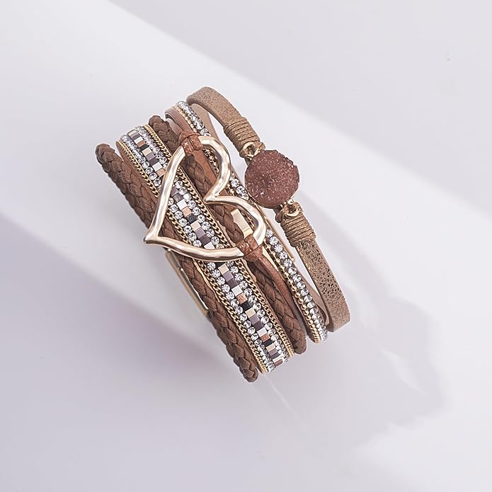 FANCY SHINY Heart Leather Wrap Bracelets Stackable Boho Cuff Bangles Trendy Resin Stone Rhinestone Bracelets with Magnetic Clasp for Women
