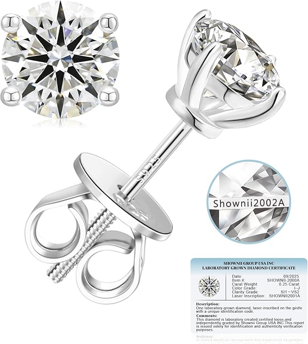 SHOWNII Diamond 4-Prong Lab-Grown Diamond Stud Earrings for Women 0.5CT 1CT 14K Gold Plated S925 Sterling Silver Screw Back Earrings(I-J Color, S1-VS2 Clarity)