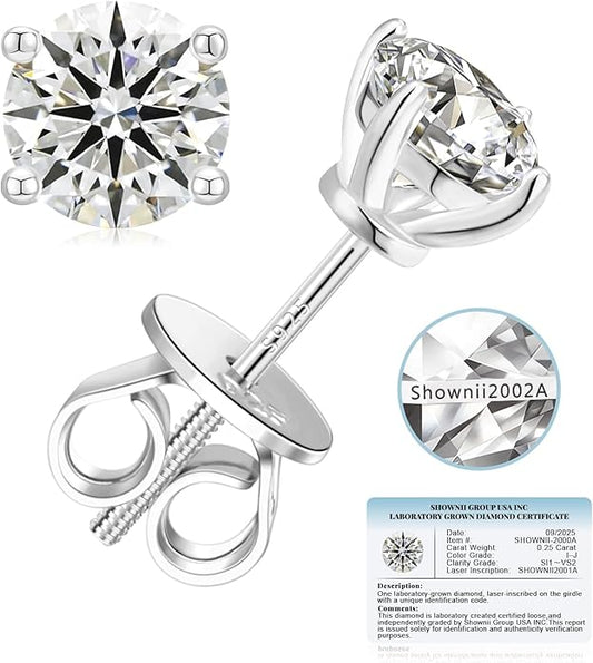 SHOWNII Diamond 4-Prong Lab-Grown Diamond Stud Earrings for Women 0.5CT 1CT 14K Gold Plated S925 Sterling Silver Screw Back Earrings(I-J Color, S1-VS2 Clarity)