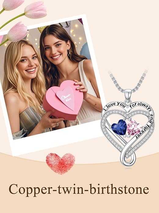 I Love You for Awlays and Forever Double Heart Necklace with Birthstone, 2 Birth Stone Jewelry Anniversary Valentines Mothers Day Christmas Birthday Gifts for Women Her Wife Girlfriend Mom Mother