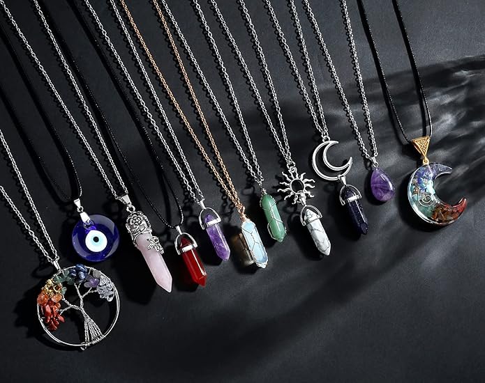 XIANNVXI 11 Pcs Crystal Necklaces for Women, Evil Eye Boho Chakra Hippie Pendant Beach Jewelry Set, Gifts