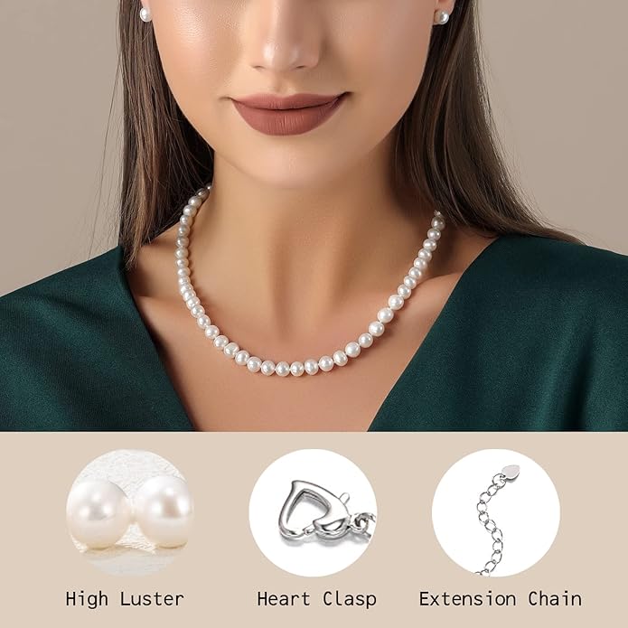 Freshwater Cultured Pearl Necklace, Real Pearl Necklace with Silver Chain and Clasp, Jewelry for Brides Wedding Gifts for Women Her Wife Sister