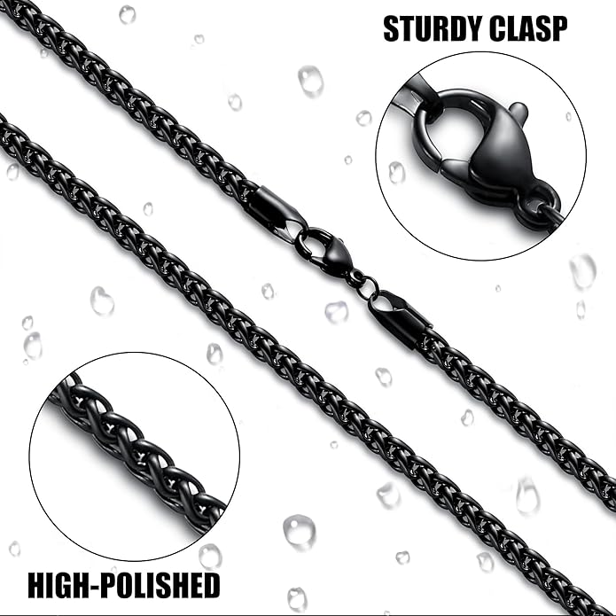 Fiusem Black Wheat Chains for Men and Women, 2/2.5/3/4/5mm Stainless Steel Necklace Chain, Mens Necklace Jewelry Gift 16-28 Inch