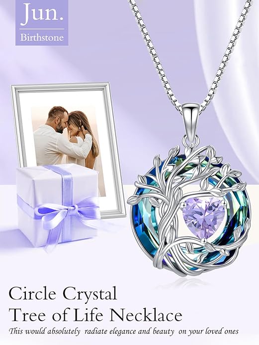 TOUPOP Christmas Gifts Tree of Life Birthstone Necklace 925 Sterling Silver Pendant Austrian Crystal Jewelry Anniversary Birthday Gifts for Women Mom Her Wife