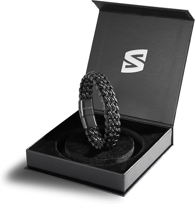 SERASAR | Premium Genuine Leather Bracelet [Steel] for Men in Black | Magnetic Stainless Steel Clasp in Black, Silver and Gold | Exclusive Jewellery Box | Great Gift Idea