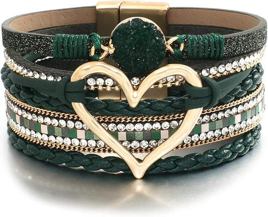 Leather Wrap Bracelet for Women Beaded Cuff Bracelet with Heart-shape Decor Bohemian Crystal Bracelet Jewelry with Clasp Bangle Bracelet for Women Girls Birthday Holiday Gift
