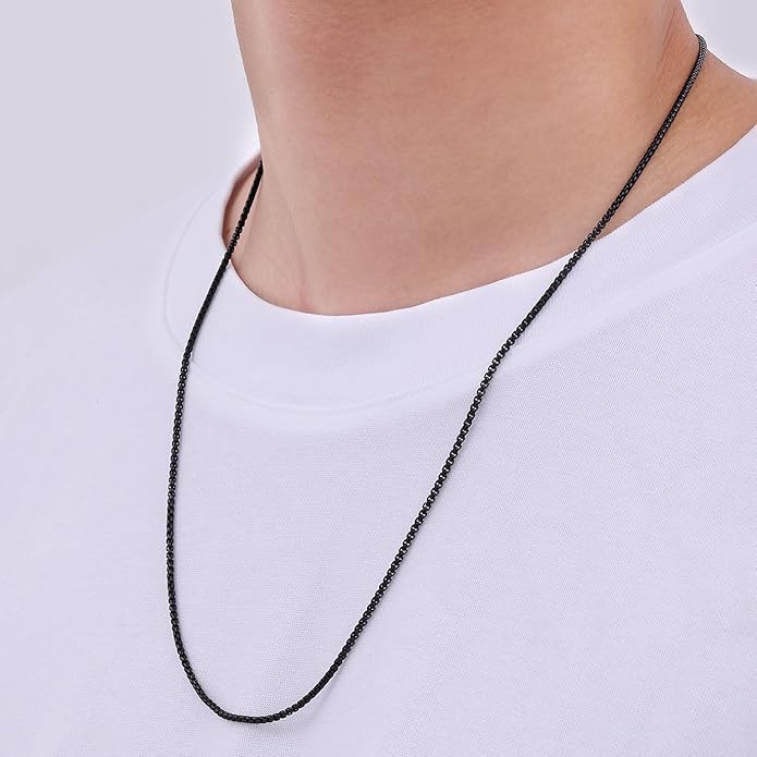 Fiusem Box Chain for Men, Silver Tone/14K Gold Plated/Black Stainless Steel Necklace for Men and Women, Width 2/2.5/3/4/5mm, Length 18-28 Inches