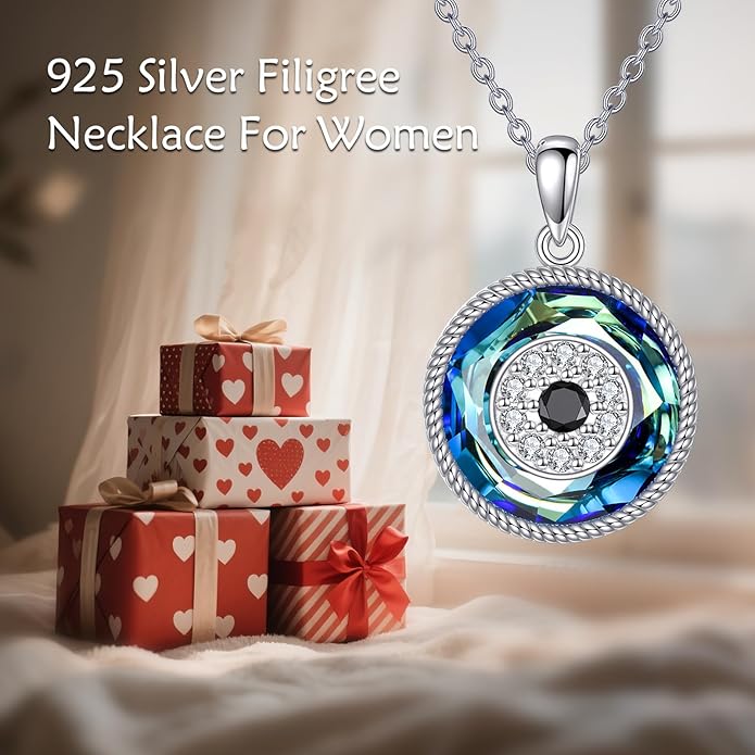 YFN Evil Eye Pendant Necklace for Women 925 Sterling Silver Greek Protection Jewelry with Blue Sapphire and Black Cz Amulet Gift