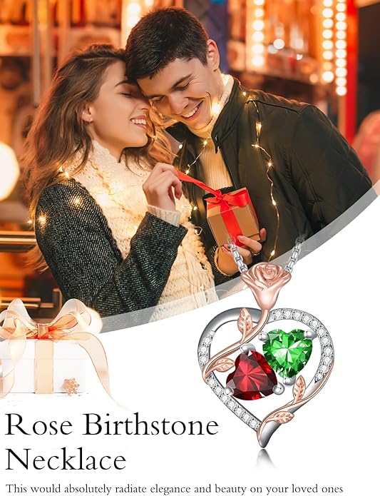 Christmas Gifts for Women Rose Heart Birthstone Pendant Necklace I Love You Forever Jewelry Valentine Mothers Day Birthday Gifts for Women Her Wife Girlfriend