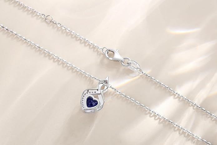 FANCIME 14K Solid White Gold Heart Birthstone Necklace with Diamond Pendent Birthday Gifts for Mom Women, Sterling Silver Chain 16" + 2" Extender