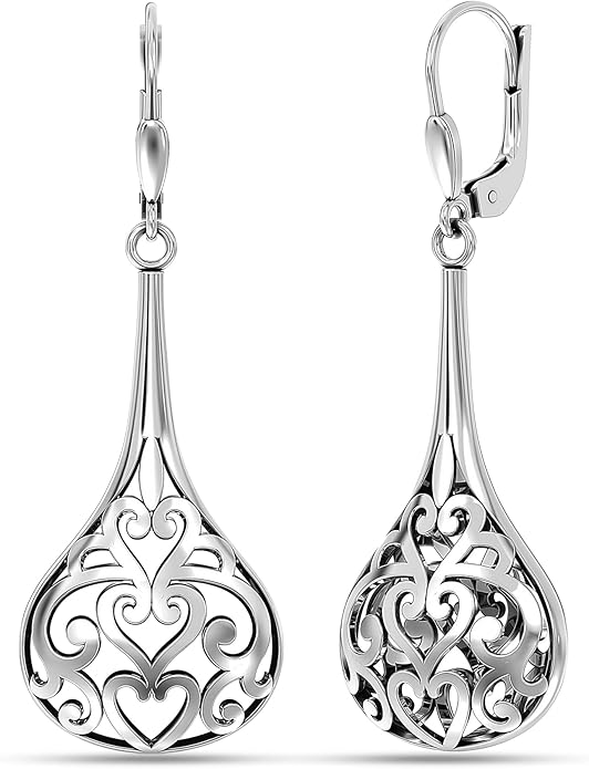 LeCalla 925 Sterling Silver Leverback Drop Earrings | Lightweight Celtic-Knot Filigree Heart Teardrop Dangle Earring for Women's Gift for Her