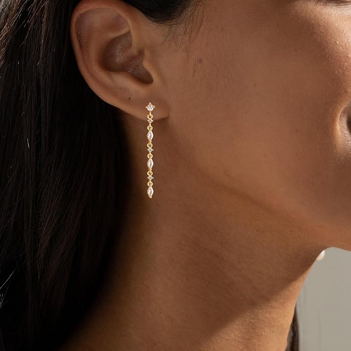 14K Gold Plated Butterfly Dangle Earrings for Women - Dainty, Trendy, Hypoallergenic CZ Drop Earrings - Simple Long Dangling Jewelry