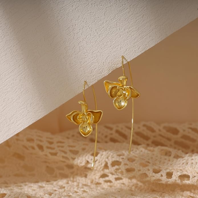 Statement Earrings for Women, Hypoallergenic 14k Gold Plated Chunky Flower Earrings Long Dangle Drop Floral Earring Simple Gold Earrings for Women Trendy Jewelry Gifts
