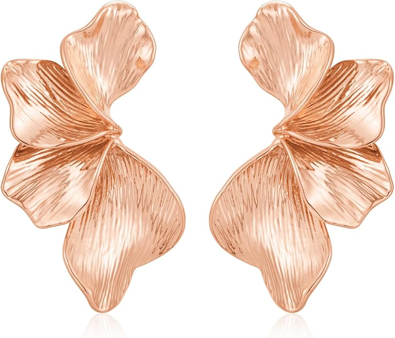 Chunky Gold Statement Earrings For Women Gold Plated Sectored Flower Leaf Shell Angel Wing Earrings Large Stud Earrings Hypoallergenic Earrings