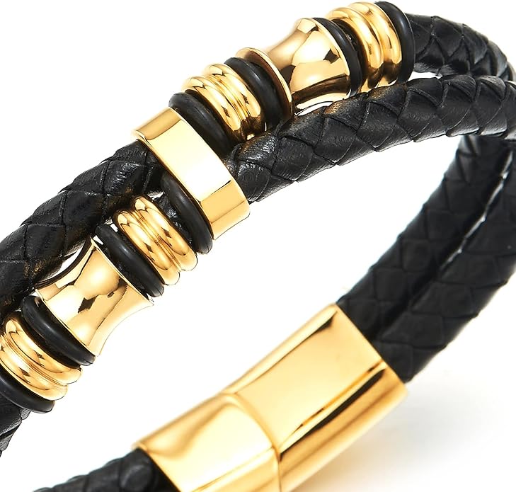 COOLSTEELANDBEYOND Mens Double-Row Braided Leather Bracelet Bangle Wristband with Stainless Steel Ornaments