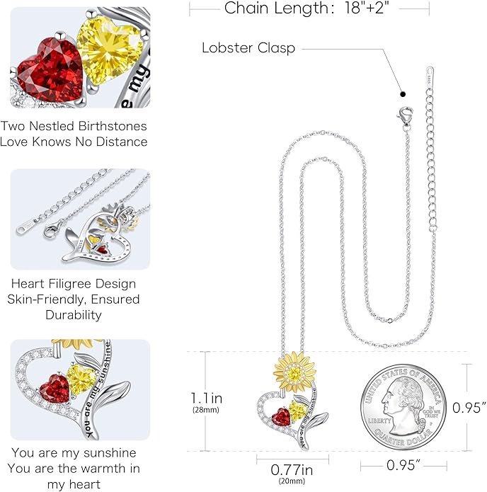 PERJI Valentine's Day Gifts for Women - 925 Sterling Silver Double Birthstone Sunflower Necklace, Anniversary Birthday Jewelry You are My Sunshine Gifts for Wife Couple Girlfriend 18"+2" Non Tarnish