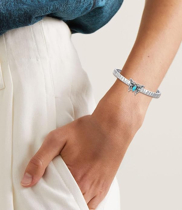 Genuine Turquoise Butterfly Bracelet, Sterling Silver Native American Adjustable Boho Bangle Cuff Jewelry for Women, Fit for 6.5 7 7.5 Inches
