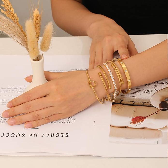FAFUGA 18 K Gold Plated Love Bangle Bracelet Stack Cuff Jewelry for Women Jewelry Set for Women Gift with Box