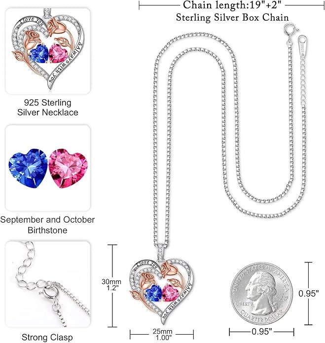 Iefil Birthstone Necklace for Women - 925 Sterling Silver Rose Heart Birthstone Necklace Birthday Anniversary Jewelry Gifts for Her Wife Mom Daughter