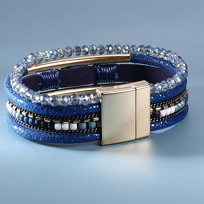 FANCY SHINY Leather Wrap Bracelets Crystal Beads Bracelet Boho Cuff Stone Charm Bracelets with Clasp Costume Jewelry for Women