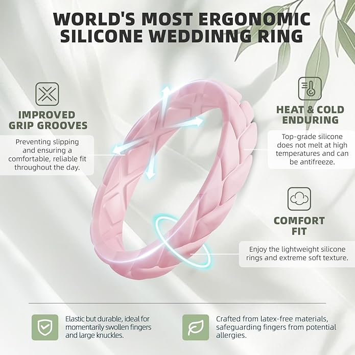 Egnaro Women's Silicone Stackable Rings 3.5mm Wide 2mm Thick, Rubber Flexible Hypoallergenic Wedding Bands For Workout Leaf Braided Fashion