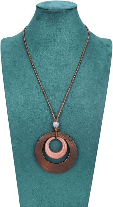Long Boho Necklaces for Women Vintage Leather Wooden Pendant Y Choker Ethnic Style Gold Circle Hippie Sweater Necklace