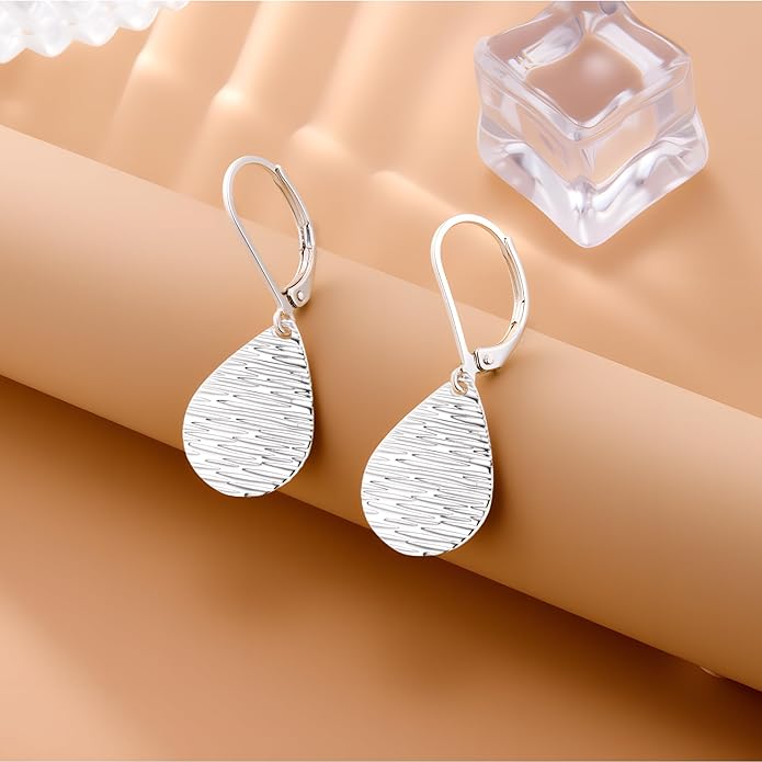 Sterling Silver Dangle Earrings for Women Trendy 14k Gold Dangle Drop Earrings Teardrop Hammered Leverback Earings for Women Jewelry Gifts