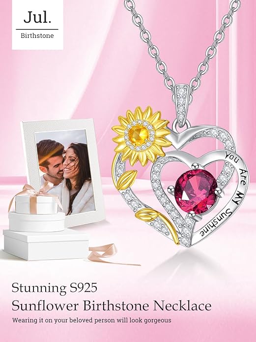 Zeuslia Double Birthstone Necklace Gifts for Wife - 925 Sterling Silver Sunflower/Rose/Crown Cross/Compass/Heart Pendant I Love You Necklace, Anniversary Birthday Gifts for Wife Girlfriend Mom Her