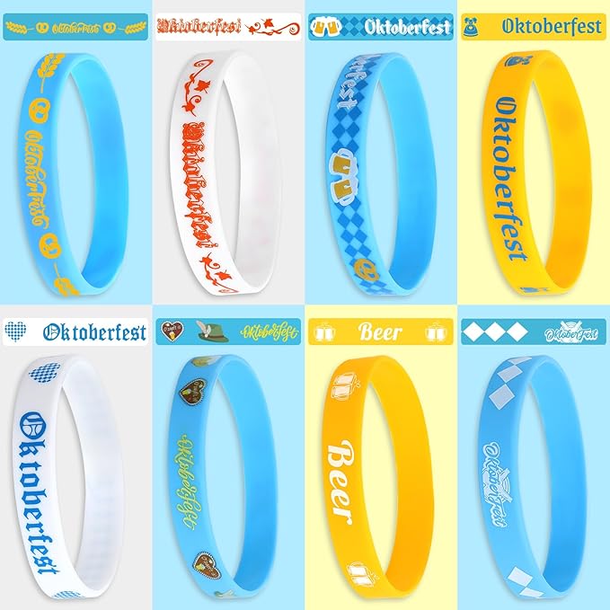 JUNEBRUSHS 64pcs Oktoberfest Party Favors Silicone Bracelets Bulk Blue and White Checkered Rubber Bracelet for Oktoberfest Party Bavarian Beer Festival Style Decorations Supplies
