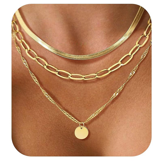 Gold Layered Necklaces for Women,14k Gold Plated Dainty Necklace Stack Set,Non Tarnish Adjustable Stainless Steel Herringbone Snake Circle Pendant Paperclip Choker Chain Jewelry