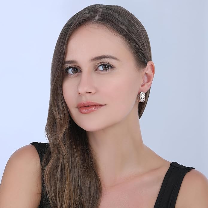 Rose Gold Hoop Earrings for Women, 925 Silver-Plated Thickened Hypoallergenic Earrings, CZ Black Gemstone-Inlaid Earrings - Women's Fashion Jewelry