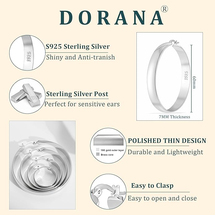 8mm Thick 925 Sterling Silver Hoops Earrings for Women 14K Real Gold Large Hoop Earrings Hypoallergenic and Lightweight Big Hoop Earrings for Women 20/30/40/50/60/70MM