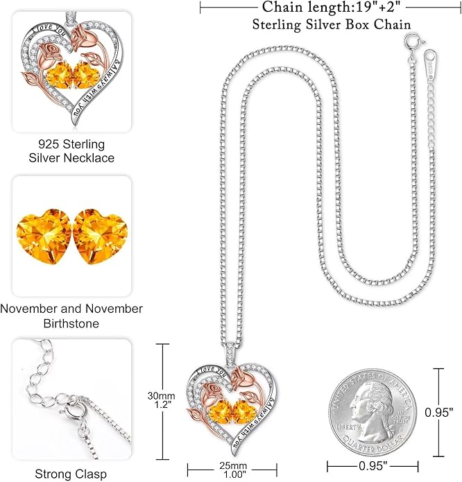 Iefil Birthstone Necklace for Women - 925 Sterling Silver Rose Heart Birthstone Necklace Birthday Anniversary Jewelry Gifts for Her Wife Mom Daughter