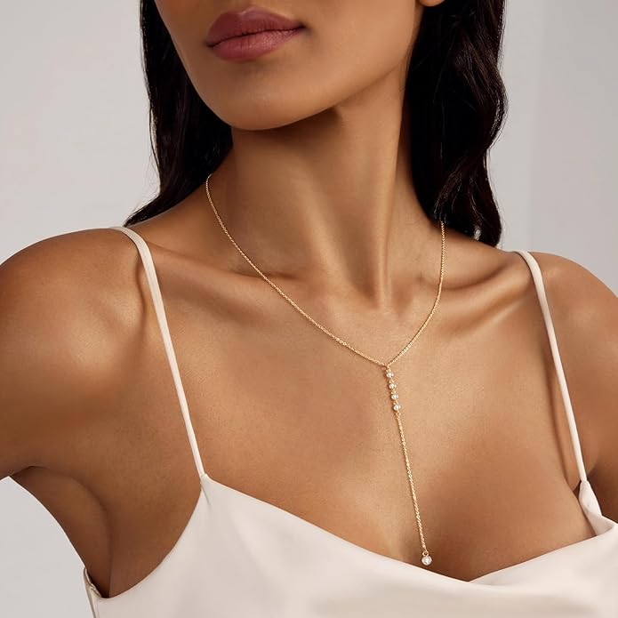 Zeffy Lariat Gold Necklace for Women, Dainty Long Necklace 14k Gold/Silver Plated Layered CZ Beaded Bar Chain Y-Shaped Body Chain Stack Drop Wedding Necklace Trendy Simple Gold Jewelry Gifts