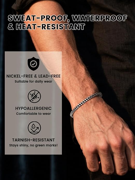 Bestyle Thick Mens Cuban Link Chain Bracelets, Durable Real 18K Gold/Black Metal Plated Solid Stainless Steel Hand Chain Cuban Bracelets for Men, Silver Black Gold Bracelets for Father Husband