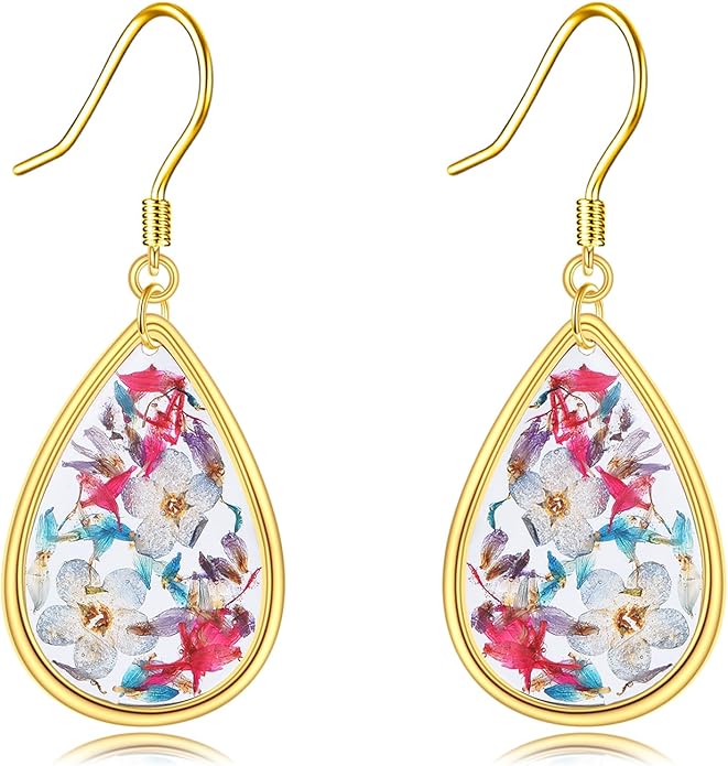 YFN Forget Me Not Earrings Sterling Silver Vintage Pressed Flower Forget Me Not Dangle Drop Earrings Floral Jewelry Gifts For Women