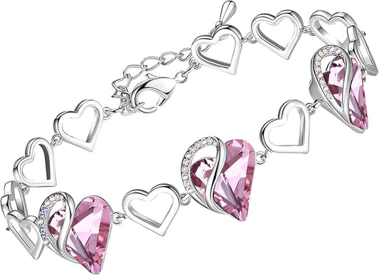 Leafael Infinity Love Heart Link Bracelets, Birthstone or Healing Stone Crystal Bracelet for Women, Silver Tone Jewelry Gifts for Her, 7-inch Chain and 2-inch Extender