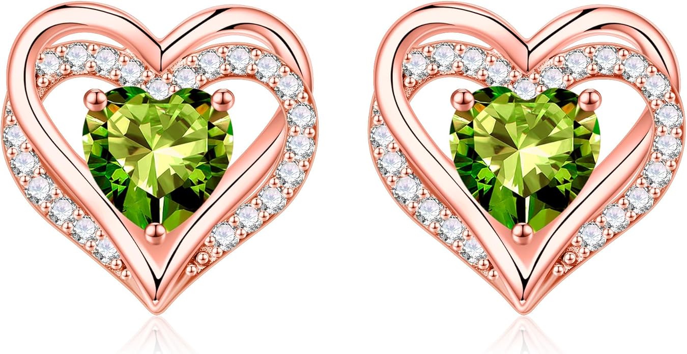 Iefil Birthstone Earrings for Women, 925 Sterling Silver Heart Stud Earrings Birthday Gifts for Women