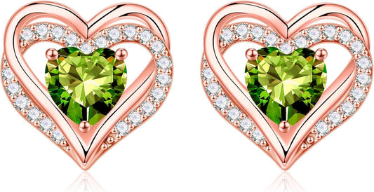 Iefil Birthstone Earrings for Women, 925 Sterling Silver Heart Stud Earrings Birthday Gifts for Women