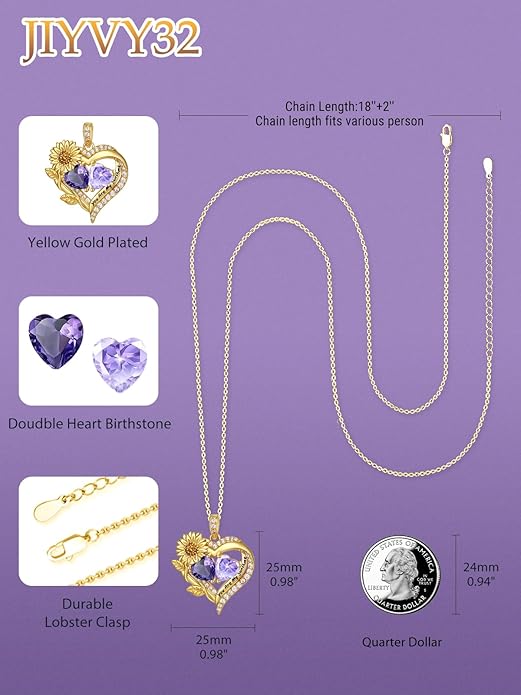 Sunflower Heart Necklace for Women 14K Gold Exquisite Anniversary Birthday Gifts for Wife Mother Her Double Birthstone Pendant jewelry‘You Are My Sunshine’