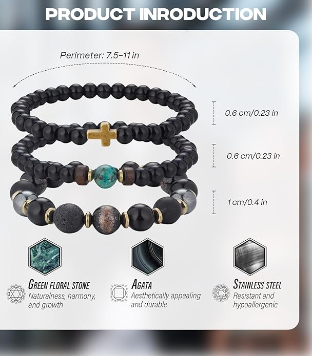 3pc Mens Beaded Bracelets Silver Stainless Steel Chain Bracelet for Men Handmade Braided Bracelet Sets Jewelry Gifts for Men