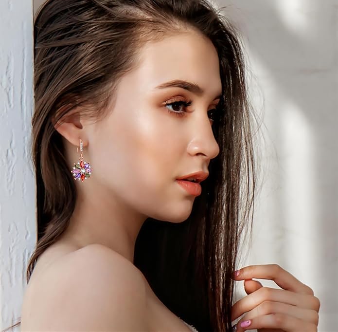 VONSSY Colorful Snowflake Pendant Necklace Earrings Rose Gold 5A Cubic Zirconia | Crystal Sweater Chain | Multi Gemstone Garnet Amethyst Morganite Peridot Prom Rhinestone Necklaces for Women Vintage Stylish Gift