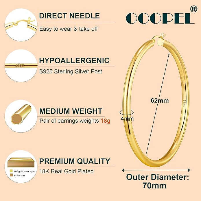 4mm Thick Gold Chunky Earrings Steling Silver Post Hoops Earrings For Women Hollow Tube Hoops Earrings Thick Gold Hoop Earrings Hypoallergenic Lightweight Gold Hoop Large Earrings 20/30/40/50/60MM